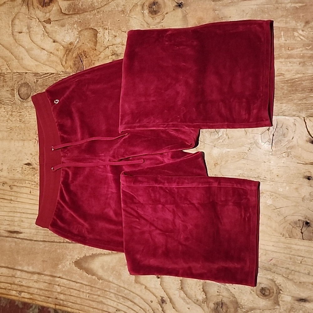 Guess red velvet, straight leg, drawstring waist sweatpants.